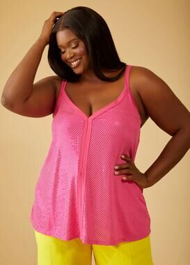 PLUS Size 30/32W | Sequin Embellished Stretch Knit Swing Shape Camisole Tank Top